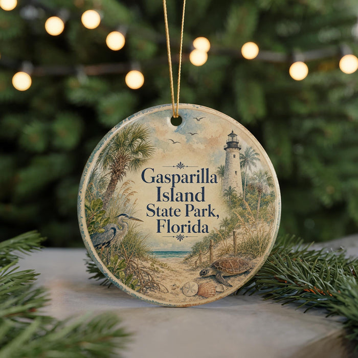 A round ornament with a lighthouse and palm trees, featuring the text "Gasparilla Island State Park, Florida".