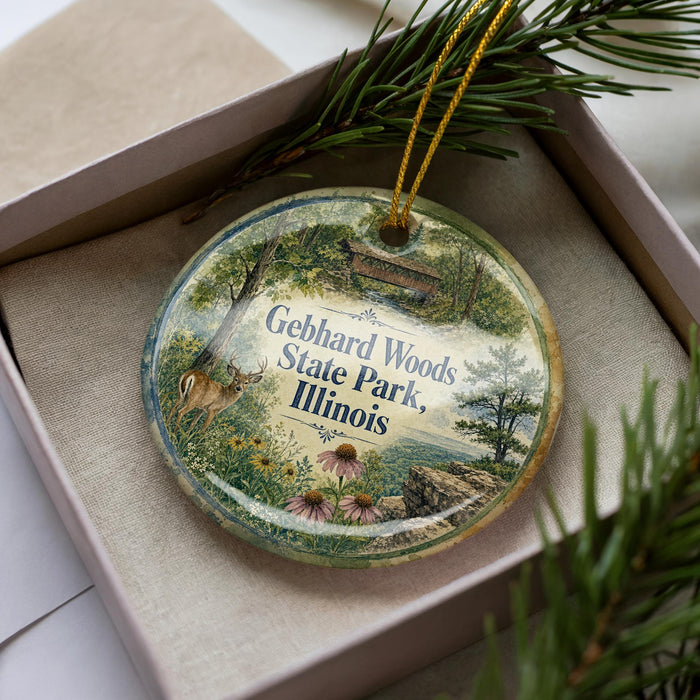 A decorative ornament in a box, featuring a scenic landscape with a deer, pine trees, and flowers, along with the text "Gebhard Woods State Park, Illinois".