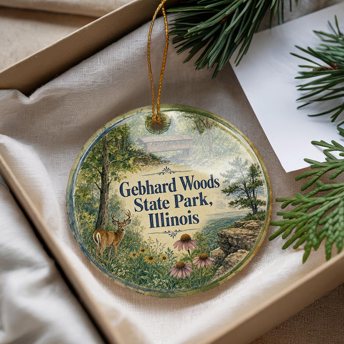 A decorative ornament with a deer and a forest scene, hanging from a string.