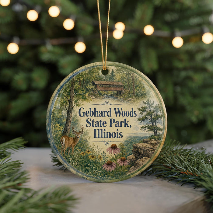 A round ornament with a scenic illustration of Gebhard Woods State Park, Illinois, featuring a deer, trees, and flowers.
