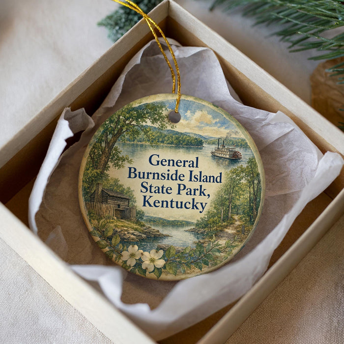 A decorative ornament in a box, featuring a scenic image of a river, a cabin, and a boat, with the text "General Burnside Island State Park, Kentucky" printed on it.