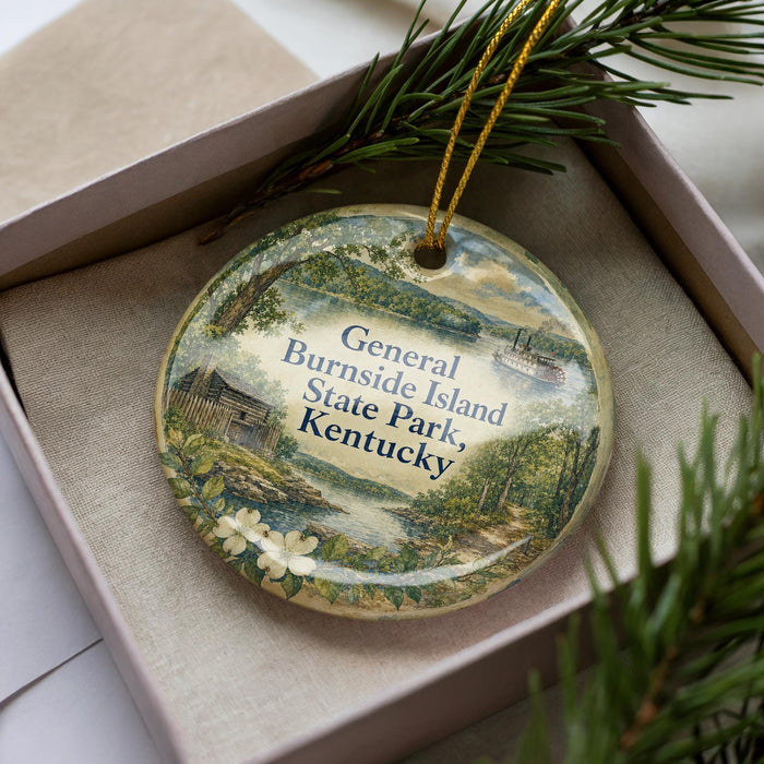 A decorative ornament in a box, featuring a scenic landscape with a river, cabin, and mountains.