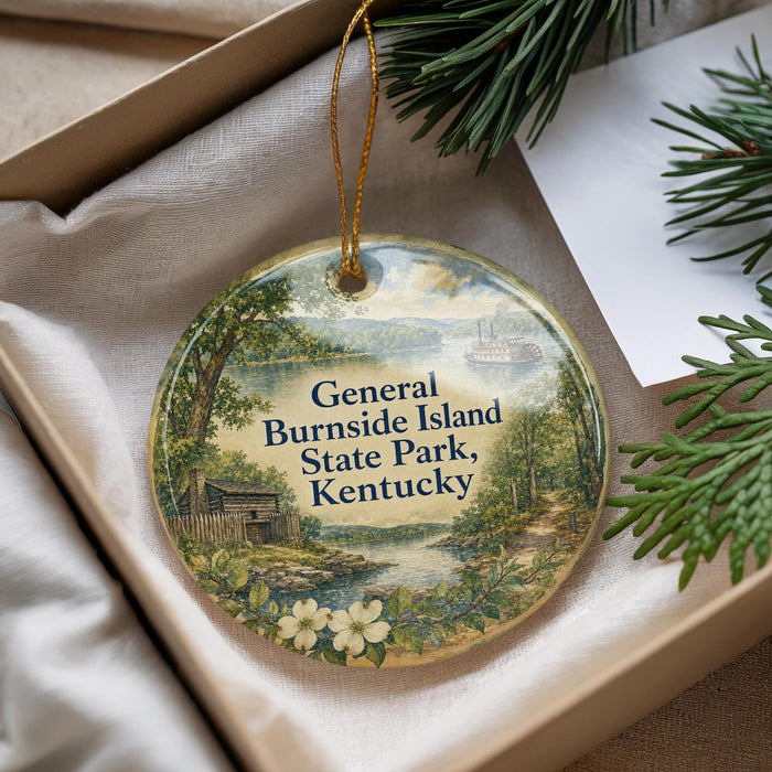 A decorative ornament with a scenic landscape of General Burnside Island, State Park, and Kentucky, featuring a small cabin and a river.