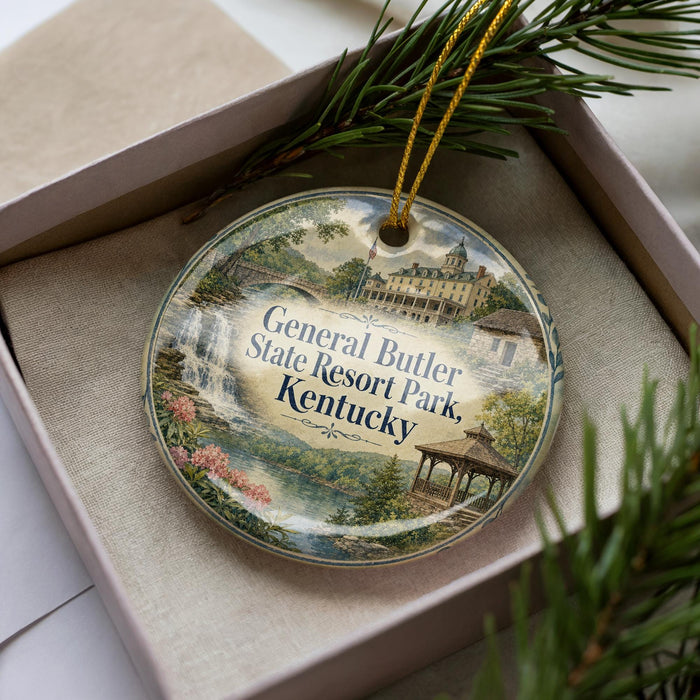 A decorative ornament in a box, featuring a scenic image of General Butler State Resort Park in Kentucky.