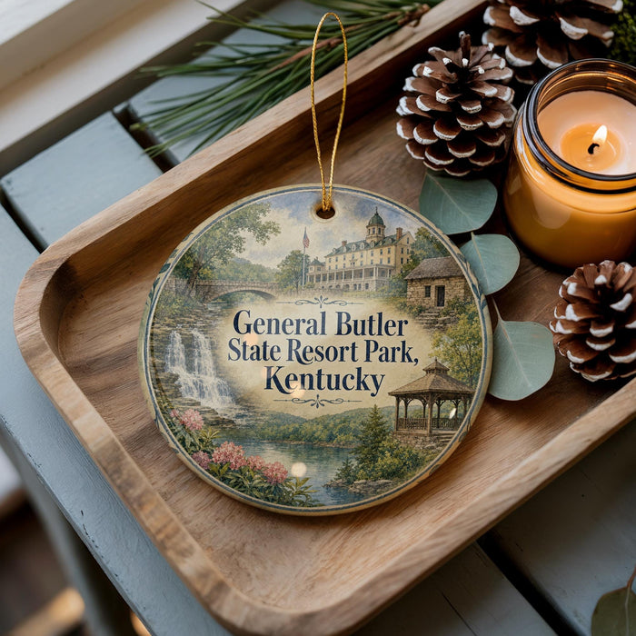 A decorative ornament featuring a scenic image of General Butler State Resort Park, Kentucky, with a candle and pine cones on a wooden tray.