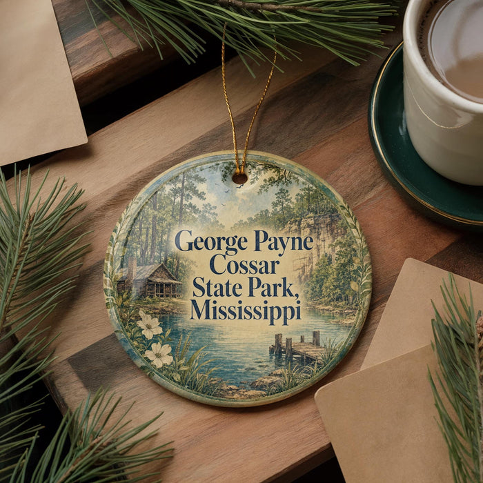 A round ornament with a scenic image of George Payne Cossar State Park, Mississippi, hanging on a wooden surface.