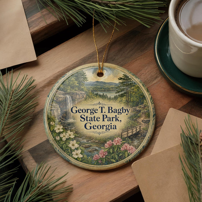 A round ornament with a scenic landscape of George T. Bagby State Park, Georgia, featuring a waterfall, pine trees, and flowers.