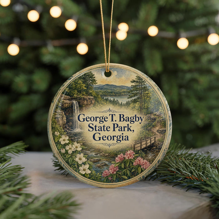 A circular ornament with a scenic landscape of George T. Bagby State Park, Georgia, featuring a waterfall, pine trees, and flowers.