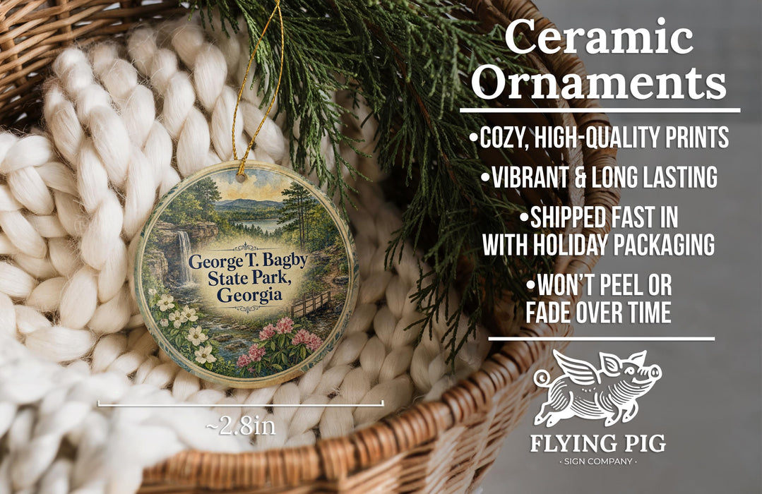 Ceramic ornaments, featuring a detailed landscape scene with a waterfall and greenery, are displayed in a woven basket.