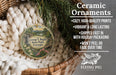 Ceramic ornaments, featuring a detailed landscape scene with a waterfall and greenery, are displayed in a woven basket.