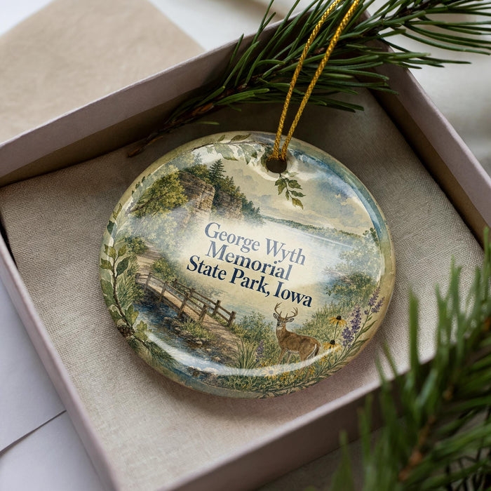 A decorative ornament in a box, featuring a scenic landscape with a bridge, trees, and a deer.