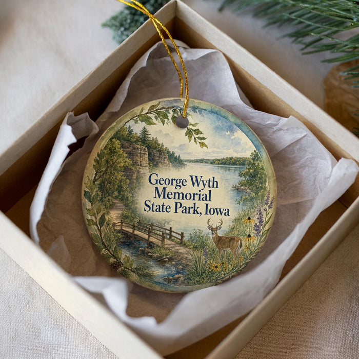 A round ornament with a scenic landscape featuring a bridge, deer, and trees, placed in a white box with a gold string.