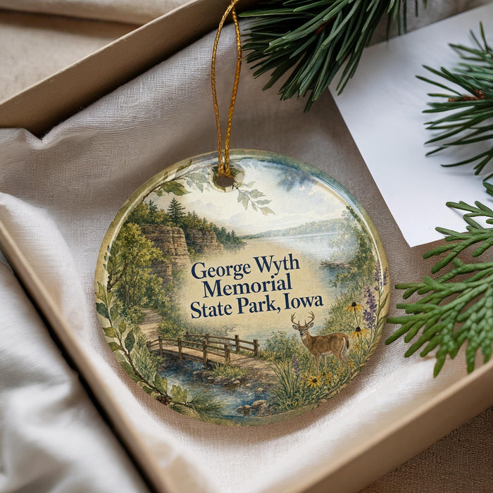 A decorative ornament with a scenic landscape featuring a bridge, deer, and trees, placed in a box with pine branches.