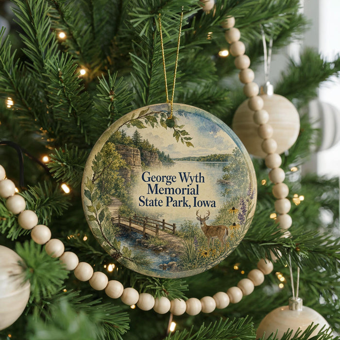 A round ornament hanging on a Christmas tree, featuring a scenic landscape with a bridge and a deer.