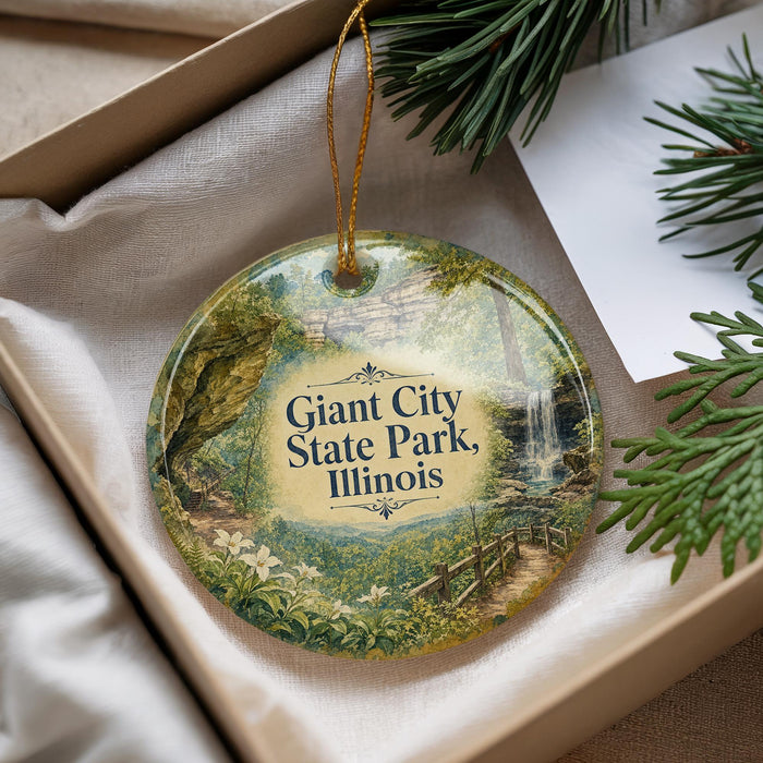 A decorative ornament with a scenic image of a waterfall and forest, hanging from a string.