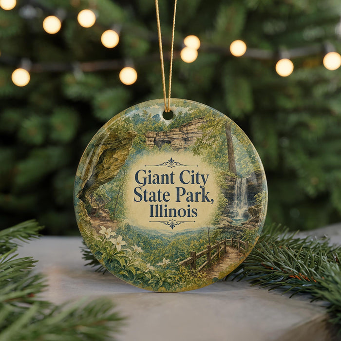 A decorative ornament featuring a scenic image of Giant City State Park, Illinois, with a waterfall and a bridge in the background.