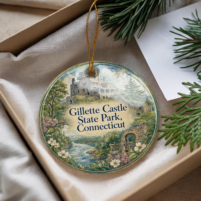 A decorative ornament with a castle and trees, featuring the text "Gillette Castle State Park, Connecticut" on it, is displayed in a box with pine branches.