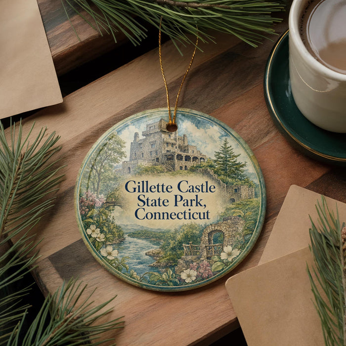 A decorative ornament featuring a castle surrounded by trees and a river, with the text "Gillett Castle State Park, Connecticut" displayed on it. The ornament is placed on a wooden surface, with a cup of coffee and some papers nearby.