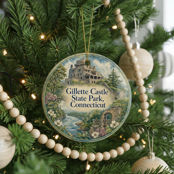 A round ornament hanging on a Christmas tree, featuring a castle and a river in a scenic landscape.