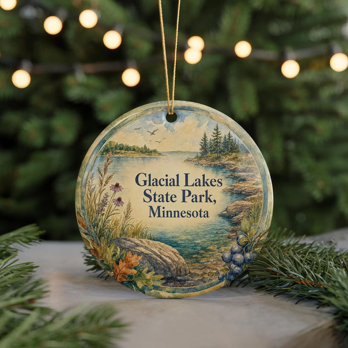 A decorative ornament featuring a scenic landscape of a lake surrounded by mountains, with the text "Glacial Lakes State Park, Minnesota" prominently displayed.