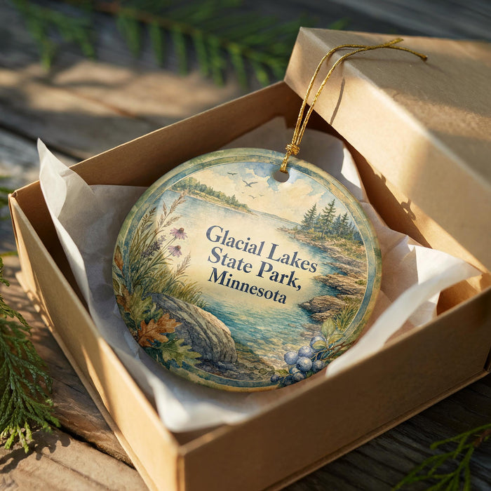 A decorative ornament in a box, featuring a scenic landscape with a lake, mountains, and trees.