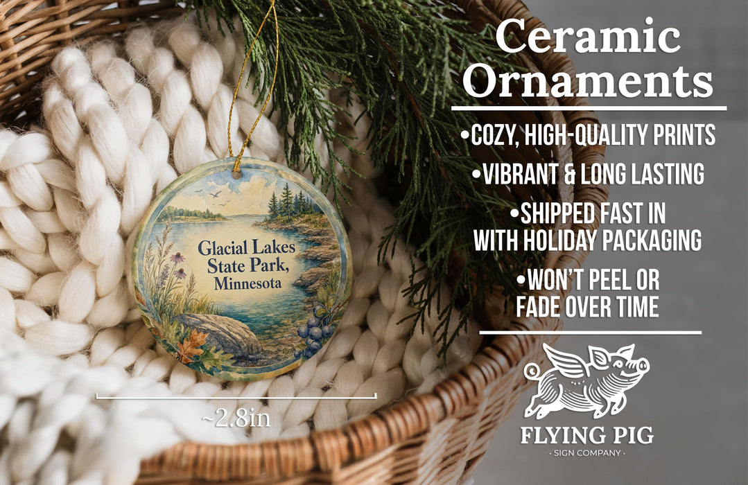 Ceramic ornaments, featuring a scenic image of Glacier Lakes State Park, Minnesota, hanging from a wicker basket.
