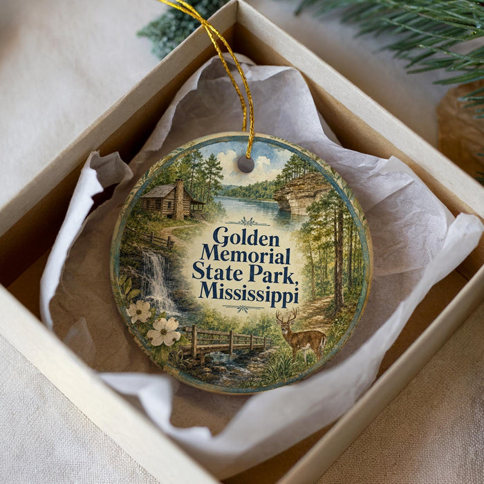 A round ornament with a scenic illustration of a waterfall, forest, and a deer, placed in a white box with a gold string.