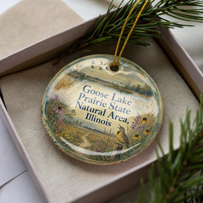 A decorative ornament in a box, featuring a bird and a scenic landscape with text that reads "Goose Lake Prairie State Natural Area Illinois".