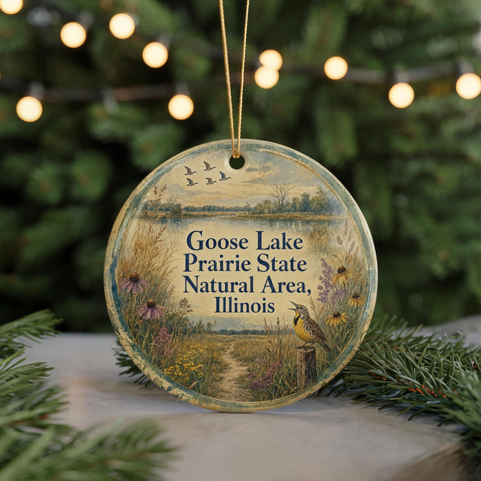 A round ornament with a scenic image of a lake, field, and birds, along with text that reads "Goose Lake Prairie State Natural Area, Illinois".