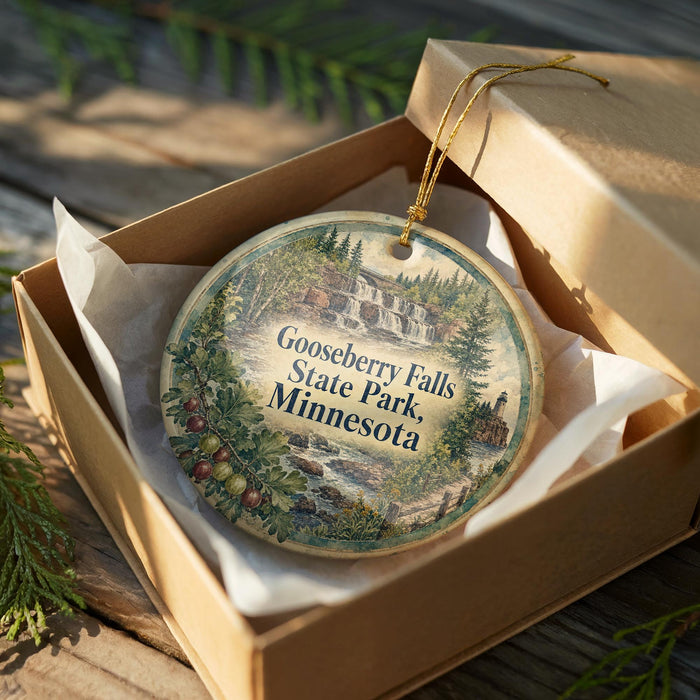 A decorative ornament in a wooden box, featuring a scenic image of Gooseberry Falls State Park in Minnesota.