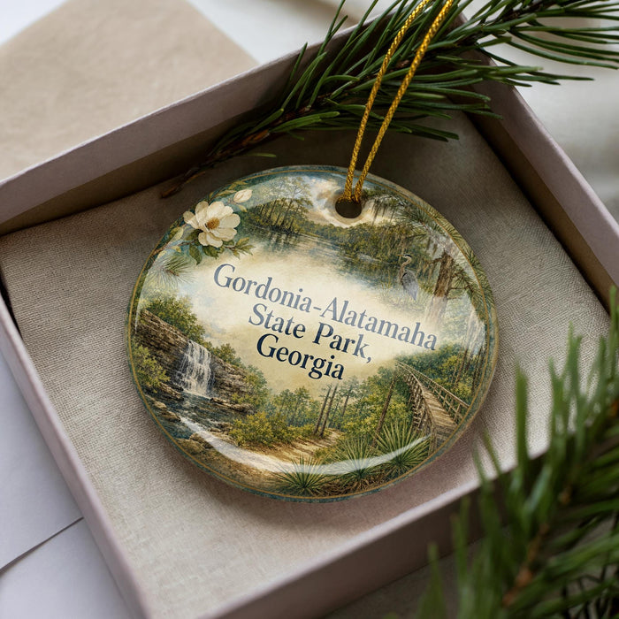A decorative ornament with a scenic landscape of a waterfall and greenery, placed in a box with pine branches.