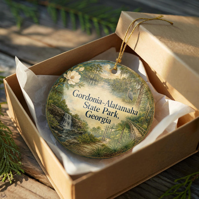 A decorative ornament in a box, featuring a scenic landscape with a waterfall and greenery, with the text "Gordonia-Alatamaha State Park, Georgia" printed on it.