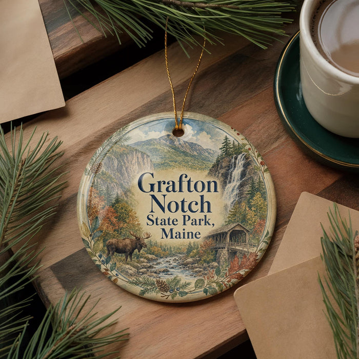 A decorative ornament featuring a scenic image of a waterfall and mountains, with the text "Grafton Notch State Park, Maine" prominently displayed. The ornament is placed on a wooden surface, surrounded by pine branches and a cup of coffee.