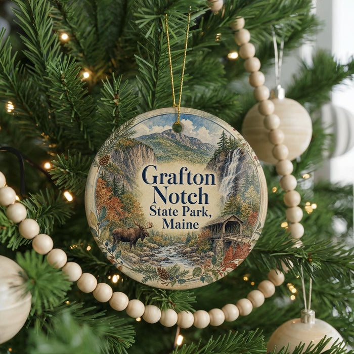 A round ornament hanging on a Christmas tree, featuring a scenic image of a waterfall and mountains.