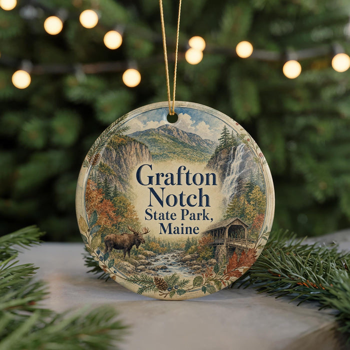 A circular ornament with a scenic mountain landscape and a moose, featuring the text "Grafton Notch State Park, Maine".