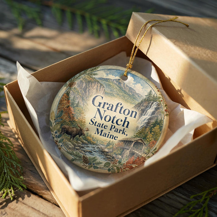 A decorative ornament in a wooden box, featuring a scenic mountain landscape with a moose and a waterfall.