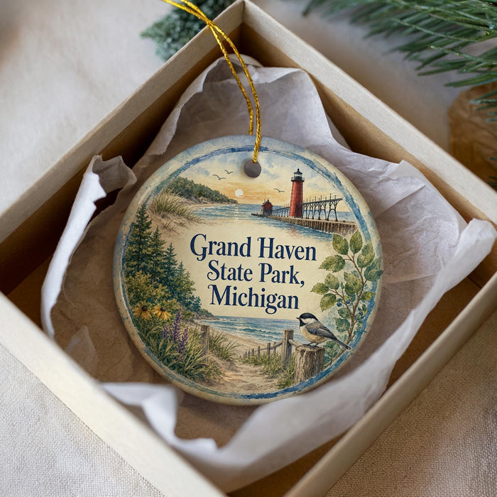 A decorative ornament in a box, featuring a lighthouse and a scenic landscape with a bird perched on a fence.