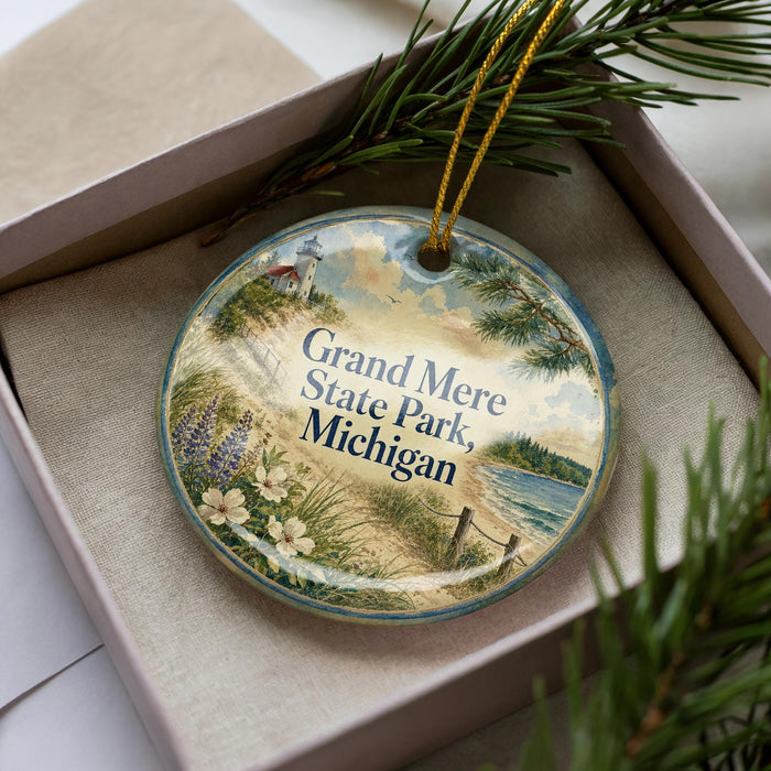 A decorative ornament in a box, featuring a scenic landscape with a lighthouse and pine trees, along with the text "Grand Mere State Park, Michigan".