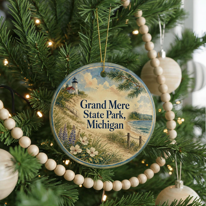 A round ornament hanging on a Christmas tree, featuring a scenic image of Grand Mere State Park, Michigan.