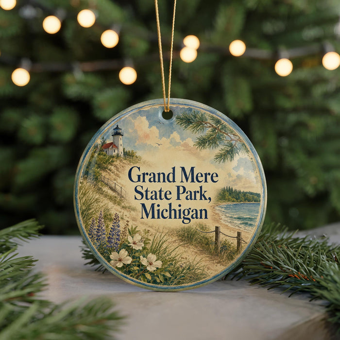 A round ornament with a lighthouse and a scenic landscape, featuring the text "Grand Mere State Park, Michigan" on it.