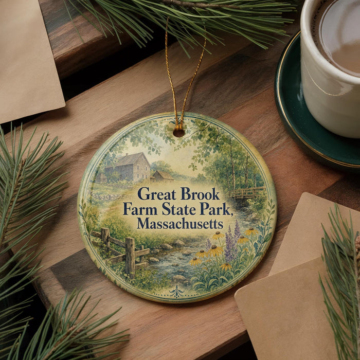 A round ornament with a painting of a farm and a river, hanging on a wooden surface next to a cup of coffee and some pine branches.