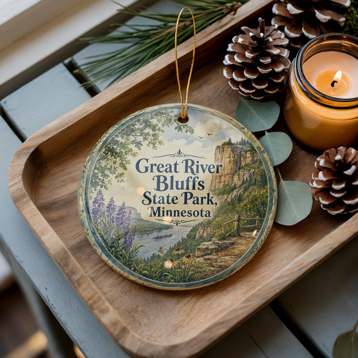 A decorative ornament featuring a scenic image of the Bluffs State Park in Minnesota, with pine cones and a lit candle on a wooden tray.