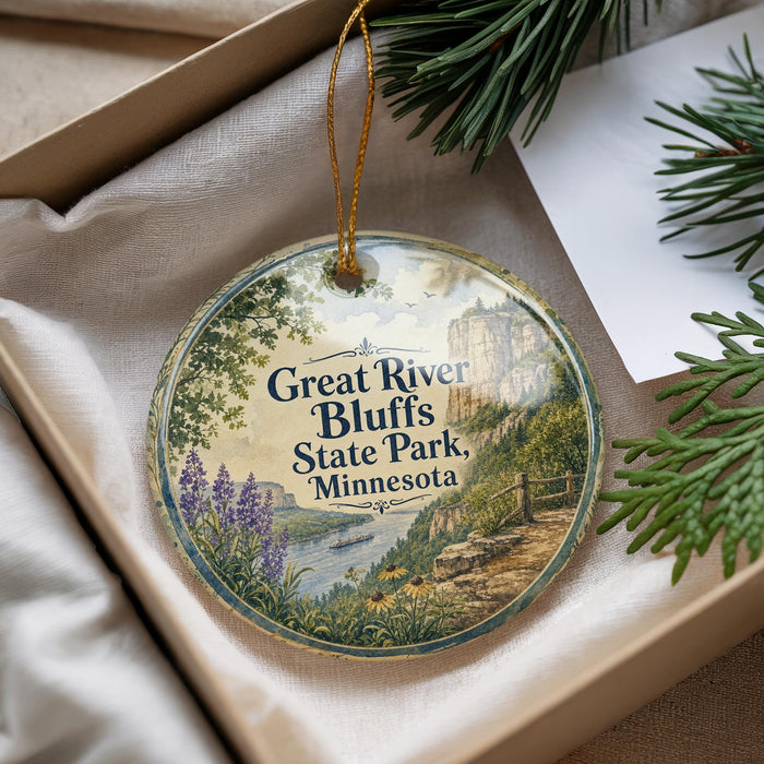 A decorative ornament with a scenic image of the Great River Bluffs State Park in Minnesota, featuring a river, mountains, and pine trees.