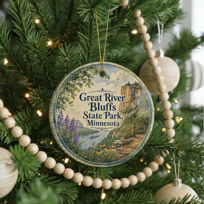 A circular ornament hanging on a Christmas tree, featuring a scenic image of the Great River Bluffs State Park in Minnesota.