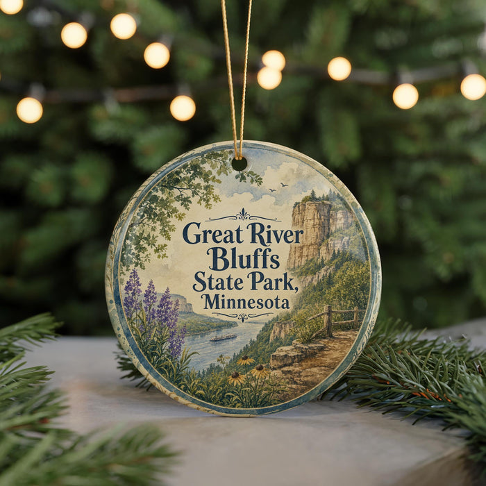 A circular ornament with a scenic landscape of the Great River Bluffs State Park in Minnesota, featuring a mountain, river, and pine trees.