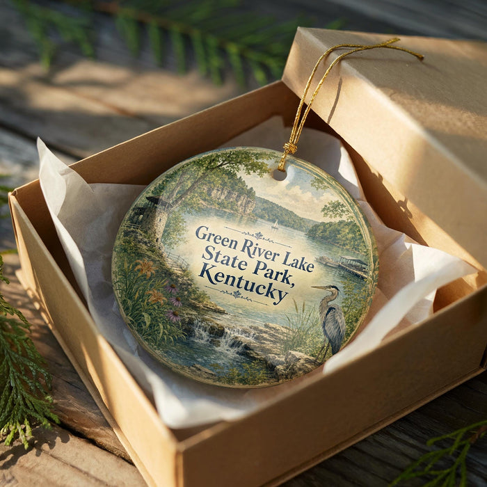 A decorative ornament in a wooden box, featuring a scenic landscape with a river, trees, and a bird.