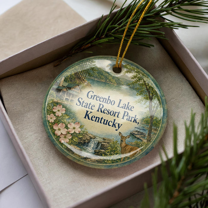 A decorative ornament in a box, featuring a scenic image of Greenbo Lake State Resort Park in Kentucky.