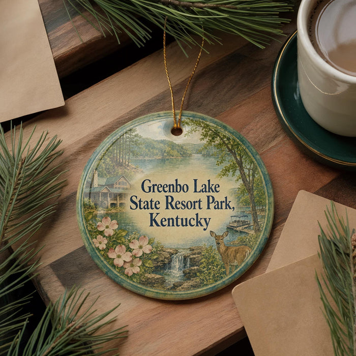A circular ornament with a scenic image of a lake and surrounding landscape, along with the text "Greenbo Lake State Resort Park, Kentucky".