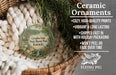 Ceramic ornaments, featuring a detailed illustration of a scenic lake and park, are displayed in a woven basket.