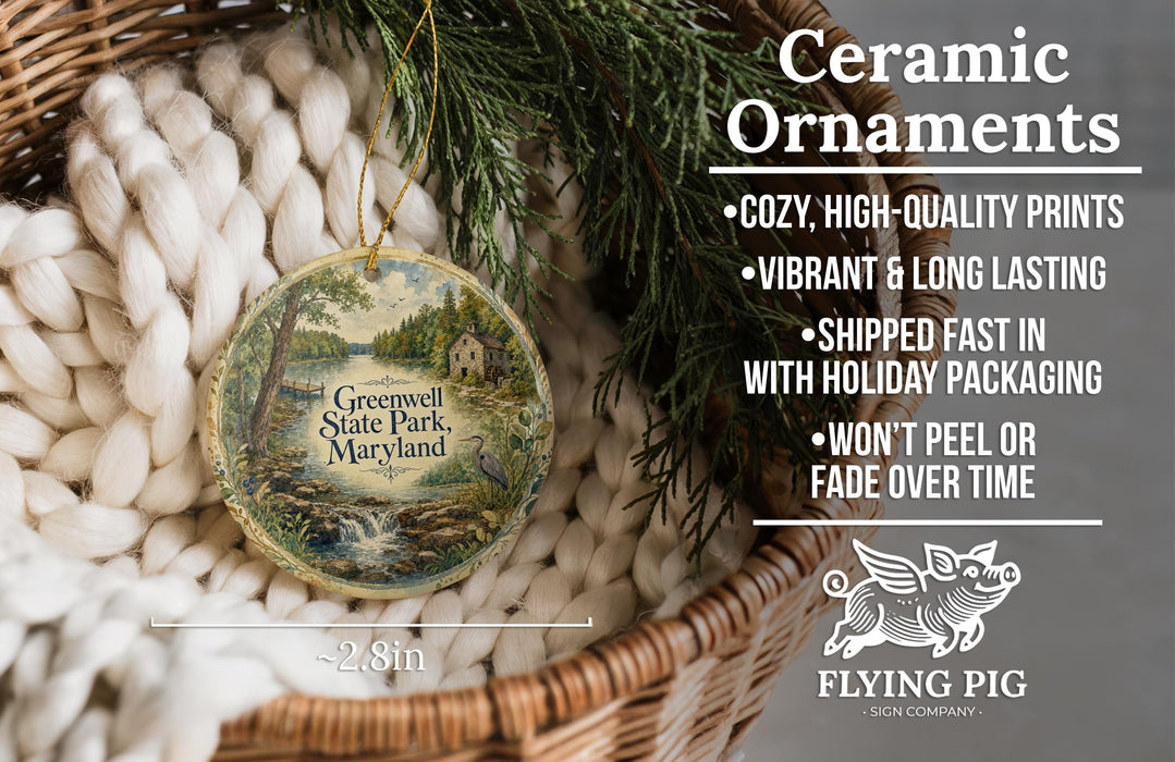 Ceramic ornaments, featuring a ceramic ornament with a scenic landscape of Greenwell State Park, Maryland, hanging from a wicker basket.
